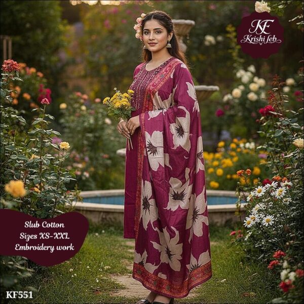 Slub Cotton Embroidered Kurta Set With Printed Dupatta