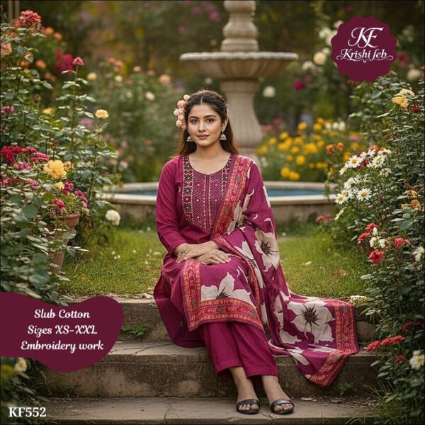 Slub Cotton Embroidered Kurta Set With Printed Dupatta