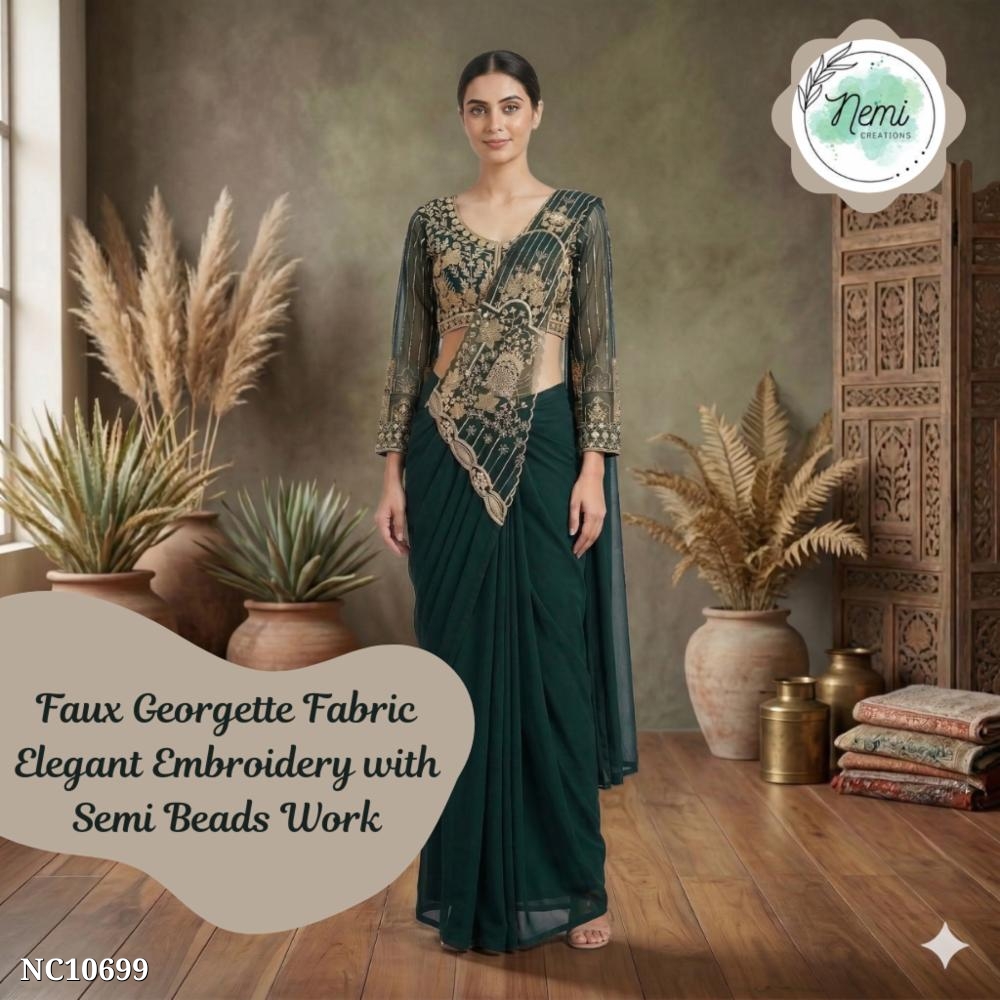 Faux Georgette Embroidered Saree with Blouse!