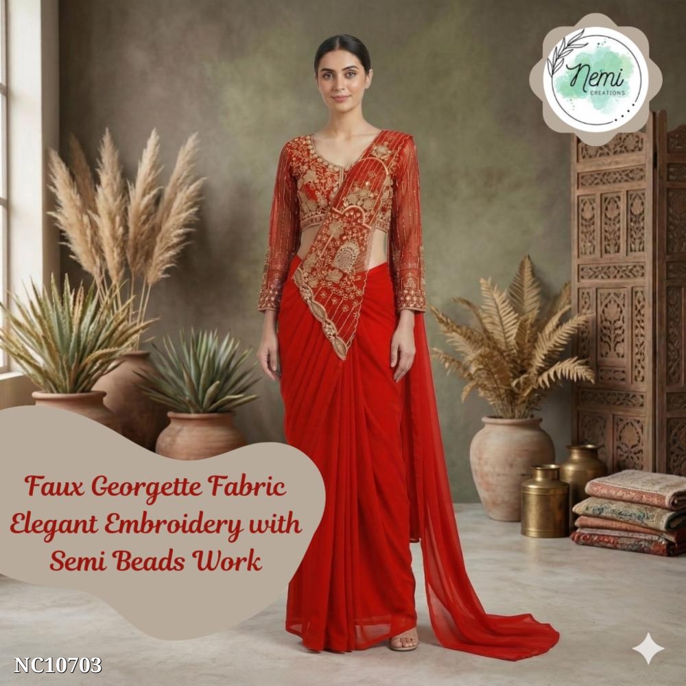 Faux Georgette Embroidered Saree with Blouse!