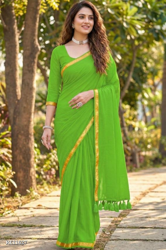 Plain jari Border Mul Cotton Saree with Blouse